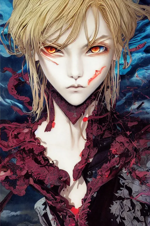 Image similar to vampire beautiful girl soft light painted by james jean and katsuhiro otomo and erik jones, inspired by evangeleon anime, smooth face feature, intricate oil painting, high detail illustration, sharp high detail, manga and anime 1 9 9 9