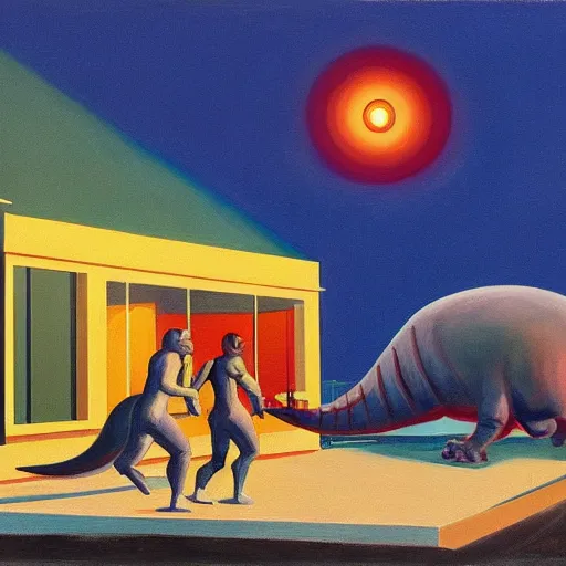 Image similar to painting of the extinction of the dinosaurs with asteroid and fire, in the style of edward hopper