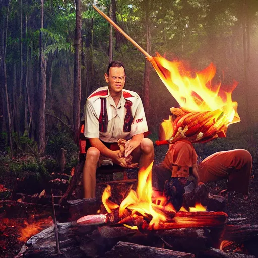 Image similar to tom hanks as forrest gump holding a giant shrimp skewer over a campfire in the jungle, amazing digital art, trending on artstation