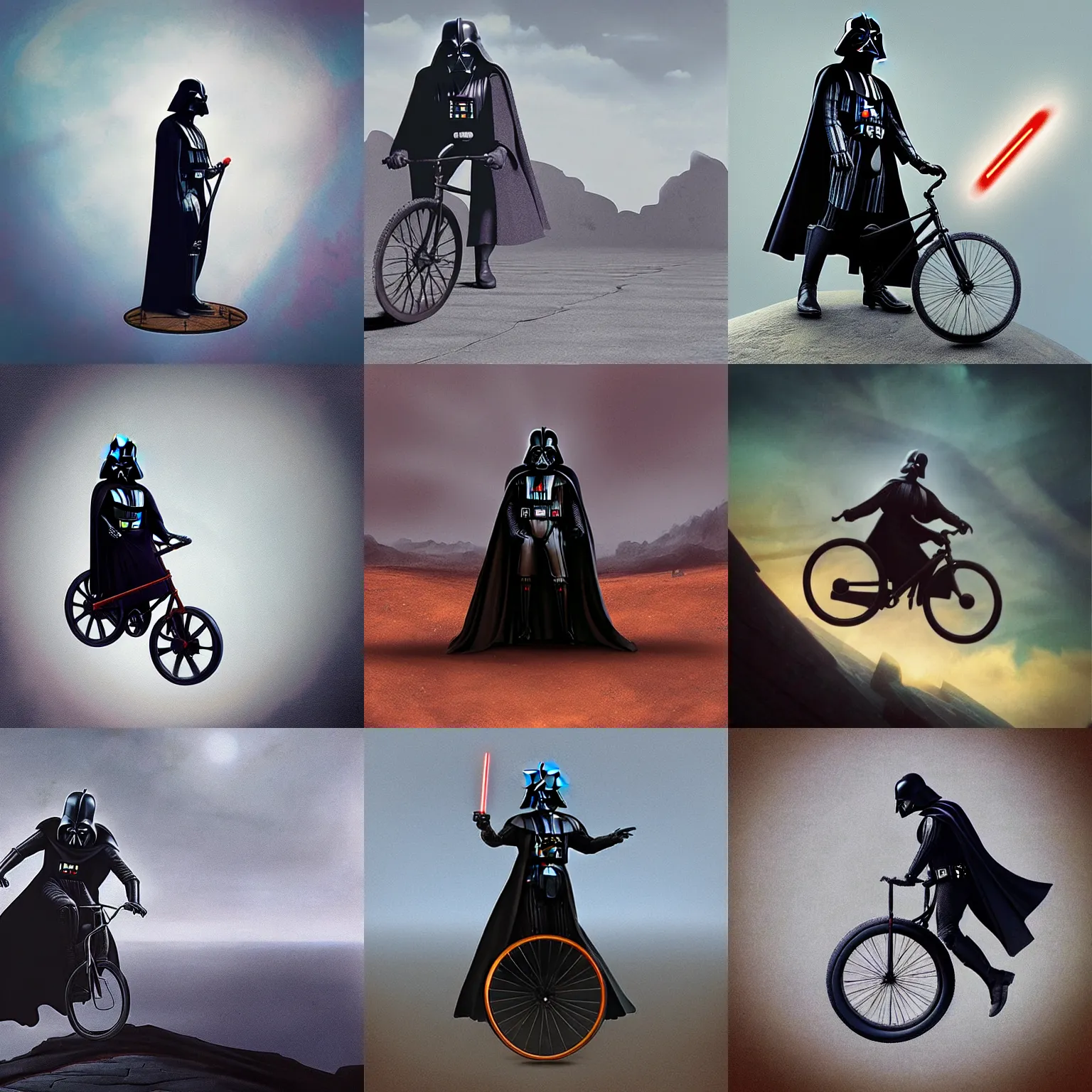 Prompt: “detailed matte painting of darth vader riding a unicycle”