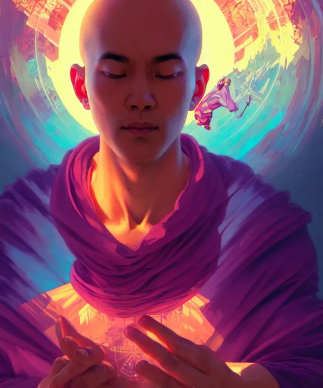 Image similar to a floating monk, meditating, wearing netrunner clothing, vaporwave aesthetic, colorful, psychedelic, digital painting, artstation, concept art, smooth, sharp focus, illustration, art by artgerm and greg rutkowski and alphonse mucha