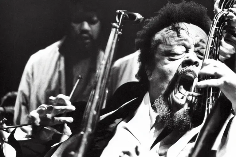 Prompt: Charles Mingus opens up the moshpit at the konserthuset in Stockholm, Sweden