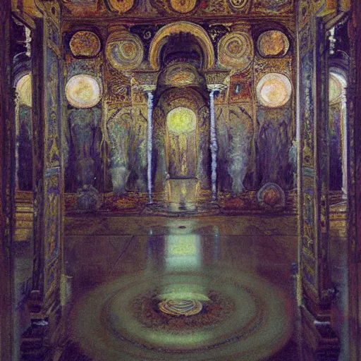 Prompt: a painting of a throne room , tiled floor a raytraced image by Mikalojus Konstantinas Čiurlionis, by Edward Okun, Gustave Moreau , metaphysical painting, hall of mirrors, Hungarian,ominous, dark, concept art, oil painting, blurred