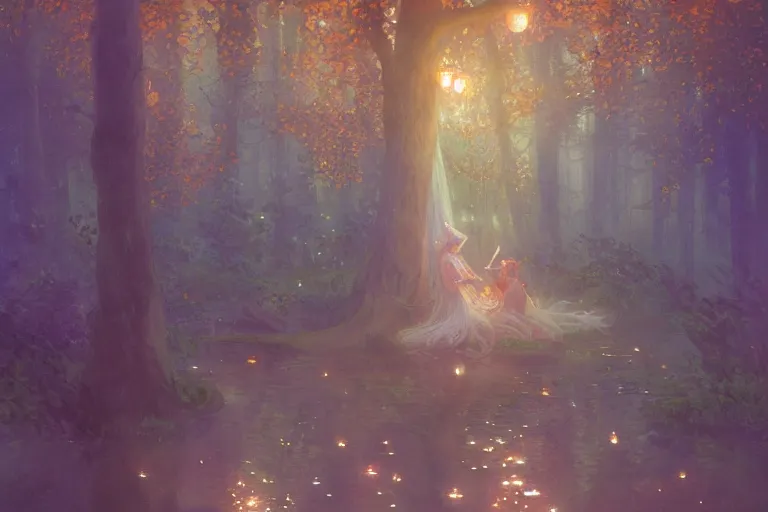 Image similar to a beautiful painting of rainy night forest of spirit, a fairy tale in fall, firefly, phosphorescent, shimmering and prismatic, rococo, by krenz cushart and mucha and monet, trending on artstation.