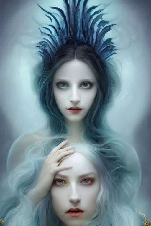 Prompt: portrait of a vampire , dark fantasy, gradient white cyan, dreamy and ethereal, orange eyes, ghost, golden ratio, peaceful expression, ornate frilly dress, fantasy, intricate, elegant, rainbow spikes, highly detailed, digital painting, artstation, concept art, smooth,b sharp focus, illustration, art by artgerm and greg rutkowski and alphonse mucha