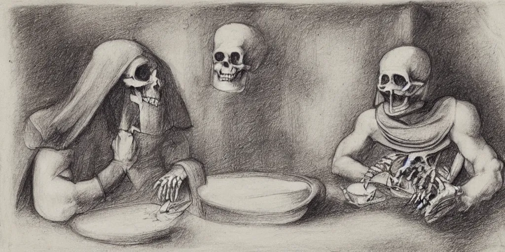 Image similar to Charcoal pencil portrait of a Roman emperor sharing dinner with a mummified skeleton, sketchbook, Leonardo da Vinci