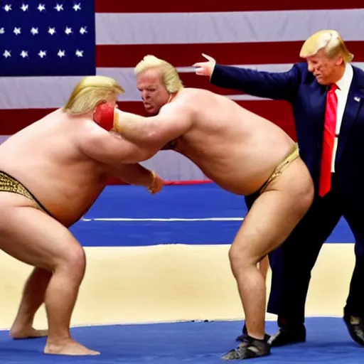 Prompt: Joe Biden and Donald Trump sumo wrestling match