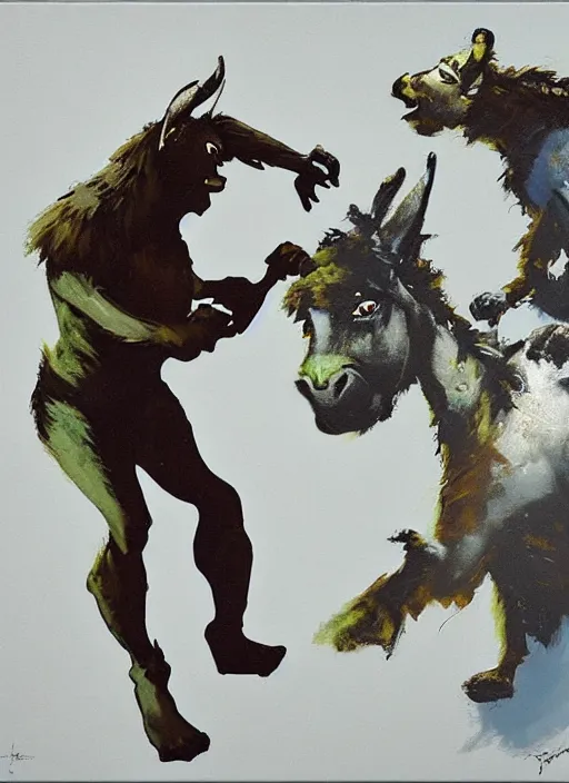 Image similar to shrek and donkey, painting by phil hale, fransico goya,'action lines '!!!, graphic style, visible brushstrokes, motion blur, blurry, visible paint texture, crisp hd image