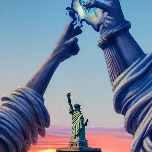Image similar to a hyper realistic painting of man mixed with eagle standin on the statue of liberty, watching the colorful city with highly detailed skyline, sunset, majestic, wonderful, fantasy, by Greg Rutkowski, Trending on Artstation, digital art