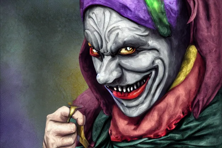 Prompt: medieval jester, sinister, digital art, painting, portrait,