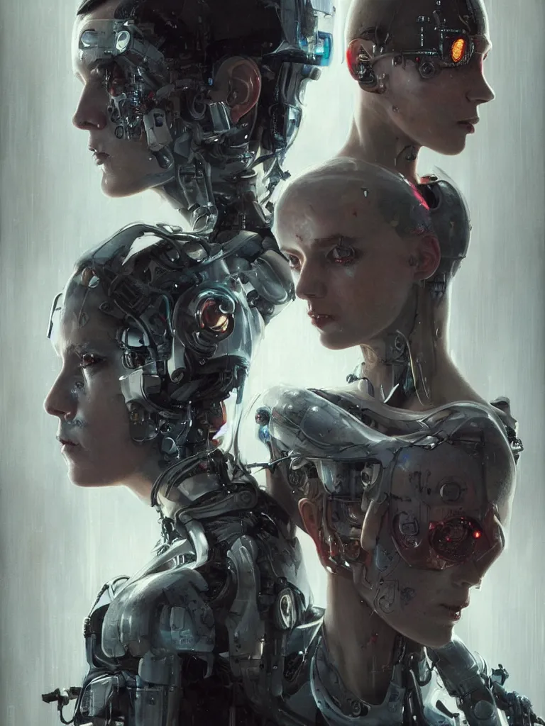 Image similar to a cyberpunk portrait of a gorgeous cyborg with hard white plastic and its milky android partner, in the movie Girl With The Dragon Tattoo, award-winning, masterpiece, in the style of Tom Bagshaw, Cedric Peyravernay, Peter Mohrbacher