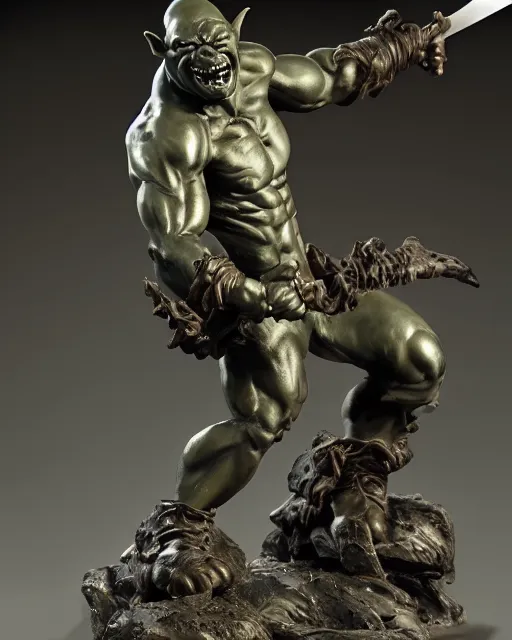 Prompt: a full figure rubber sculpture of running Orc holding a sword, by Frazetta and Bernini, dramatic lighting, wide angle lens