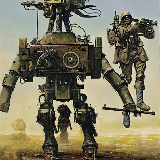 Image similar to wwi deiselpunk american battle mech propaganda art by james gurney