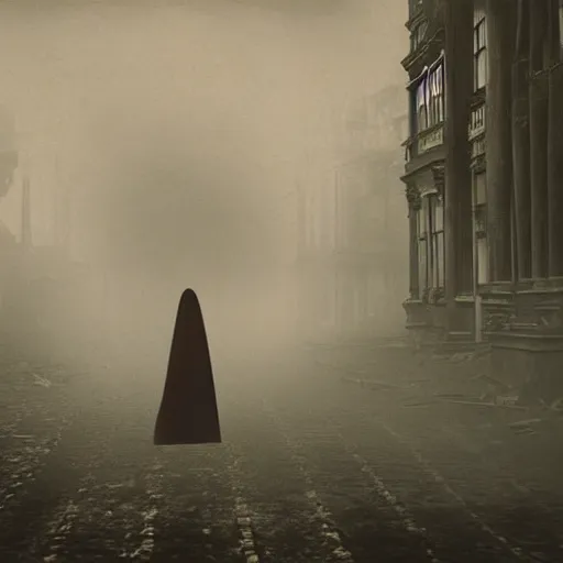 Image similar to ominous bedsheet ghost walking through the center of a destroyed london city, 1 9 2 0's colored pencil, gloomy misty atmosphere, deep aesthetic, symmetrical, full body image, highly ornate intricate details, very sharp photo,