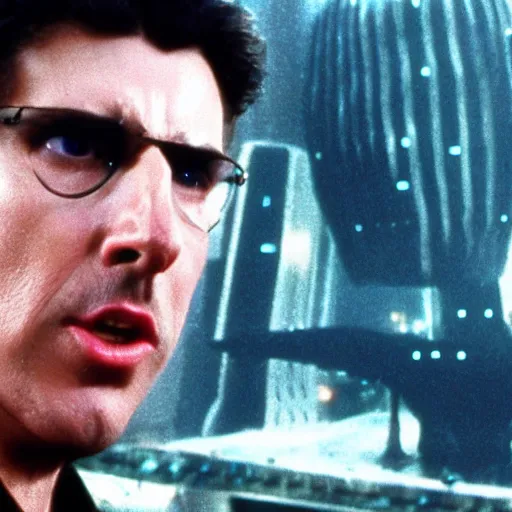 Image similar to Weird al Yankovic as Rick Deckard on blade runner 1982, slightly smiling, wide angle lens, movie still, in color, movie frame, detailed face, symmetrical face, 4k