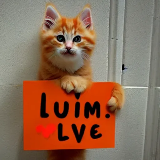 Image similar to cute fluffy orange tabby kitten with a sign that says