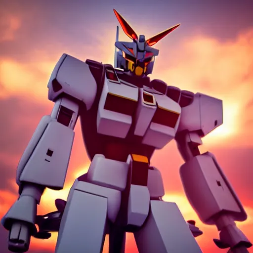 Image similar to 3 d render of a gundam, cinematic lighting, superb resolution, sunset, dreamy