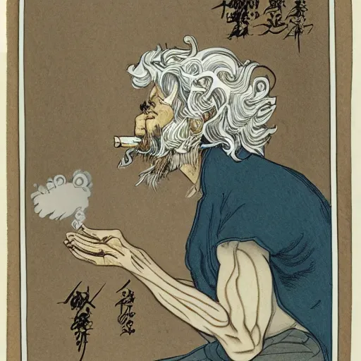 Image similar to highly detailed figure of a person with long white hair coming depicted as smoke coming out from smoking pipe, meditation, comic art, intricate, elegant.