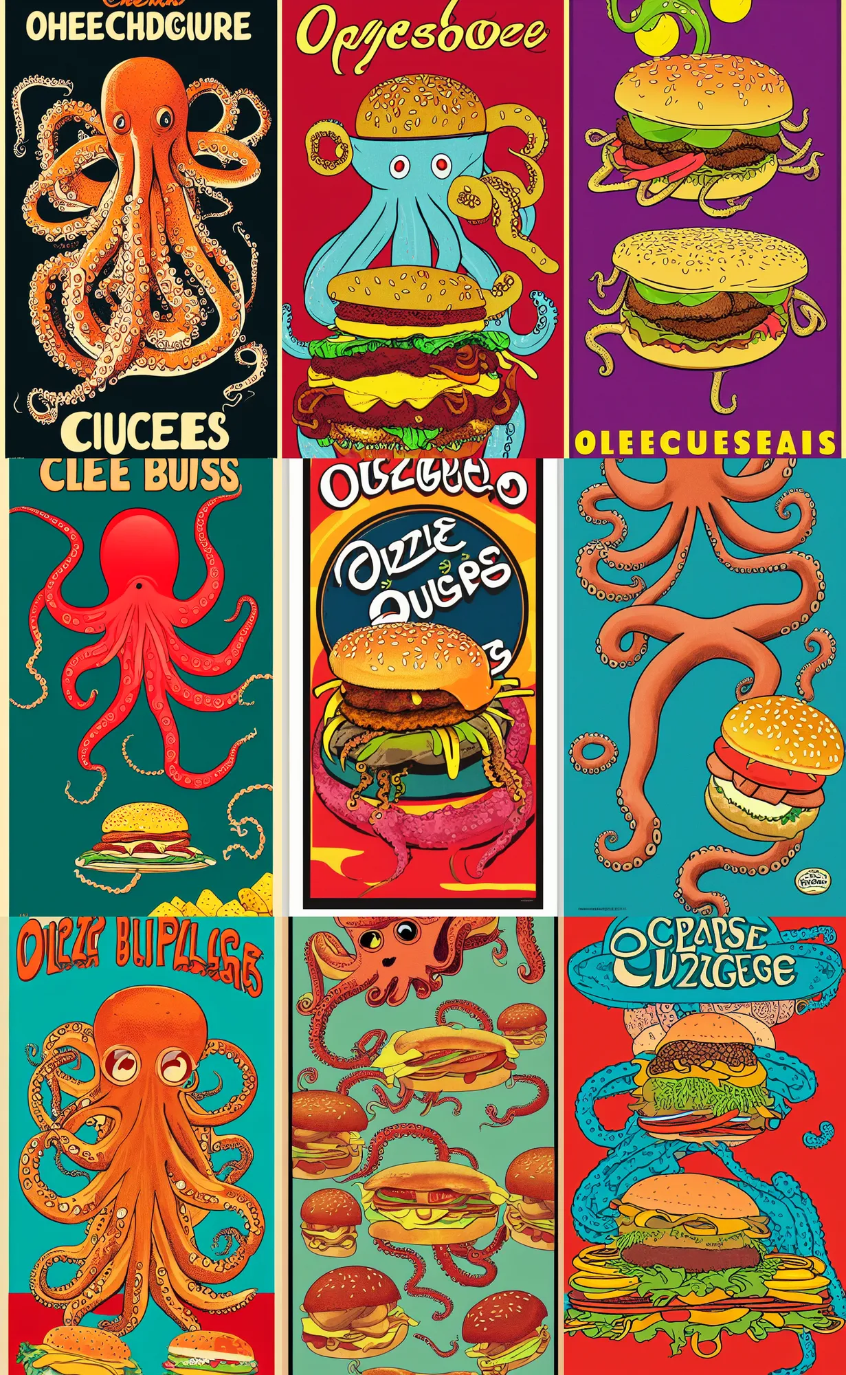 Prompt: highly detailed illustration of octopus floating with cheeseburgers, vintage poster, symmetrical, hd, trending, silk screen