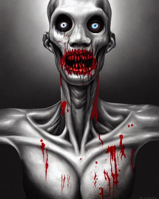 Prompt: Haunting horrifying hyperrealistic detailed painting of a tall slim flesh extraterrestrial creature covered in thick black blood, heavy metal, disgusting, creepy, unsettling, and bloodshot eyeballs, hyper detailed, trending on Artstation