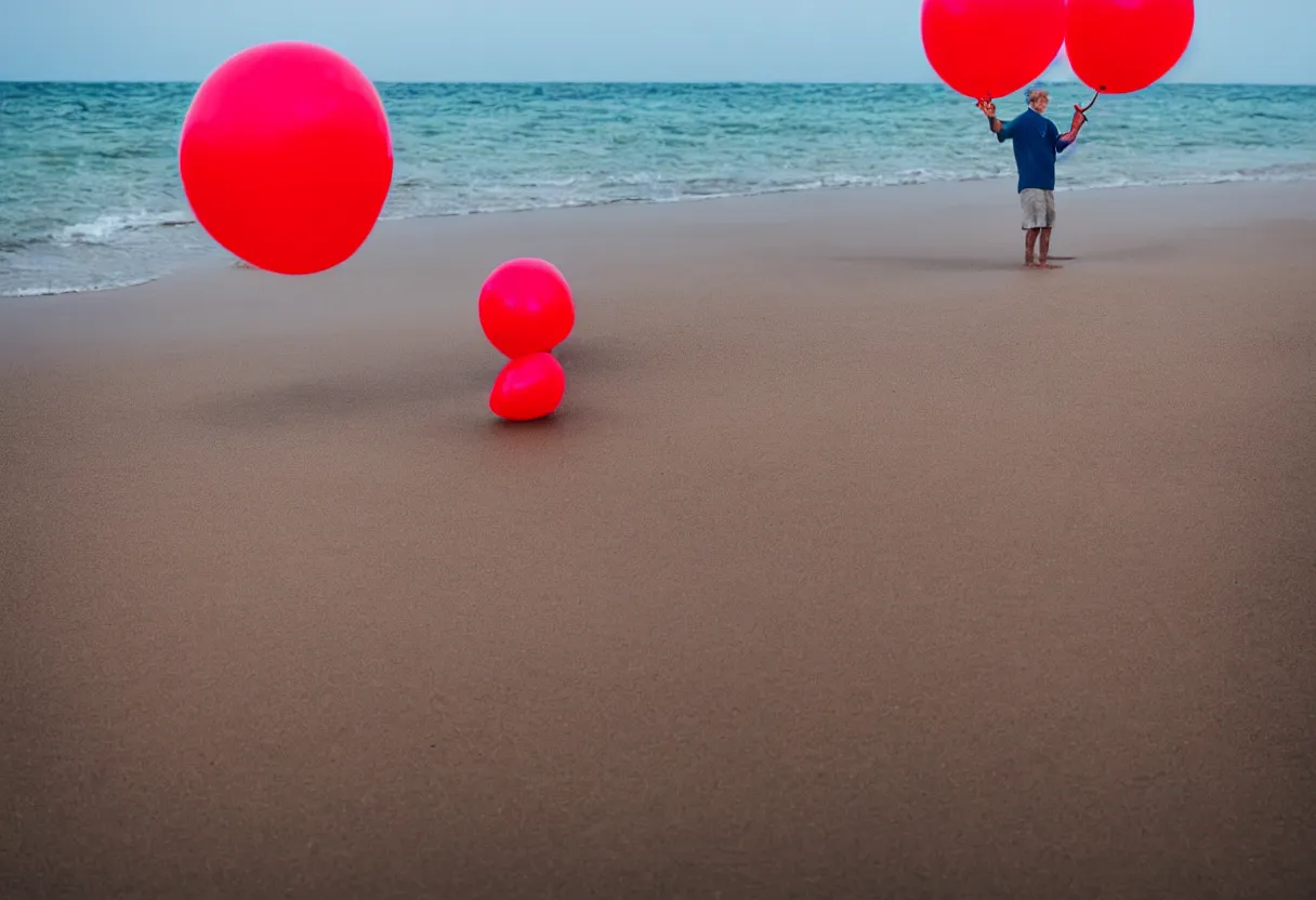 Image similar to a photo of old man on the beach holding red balloons., sharp focus, ground level view