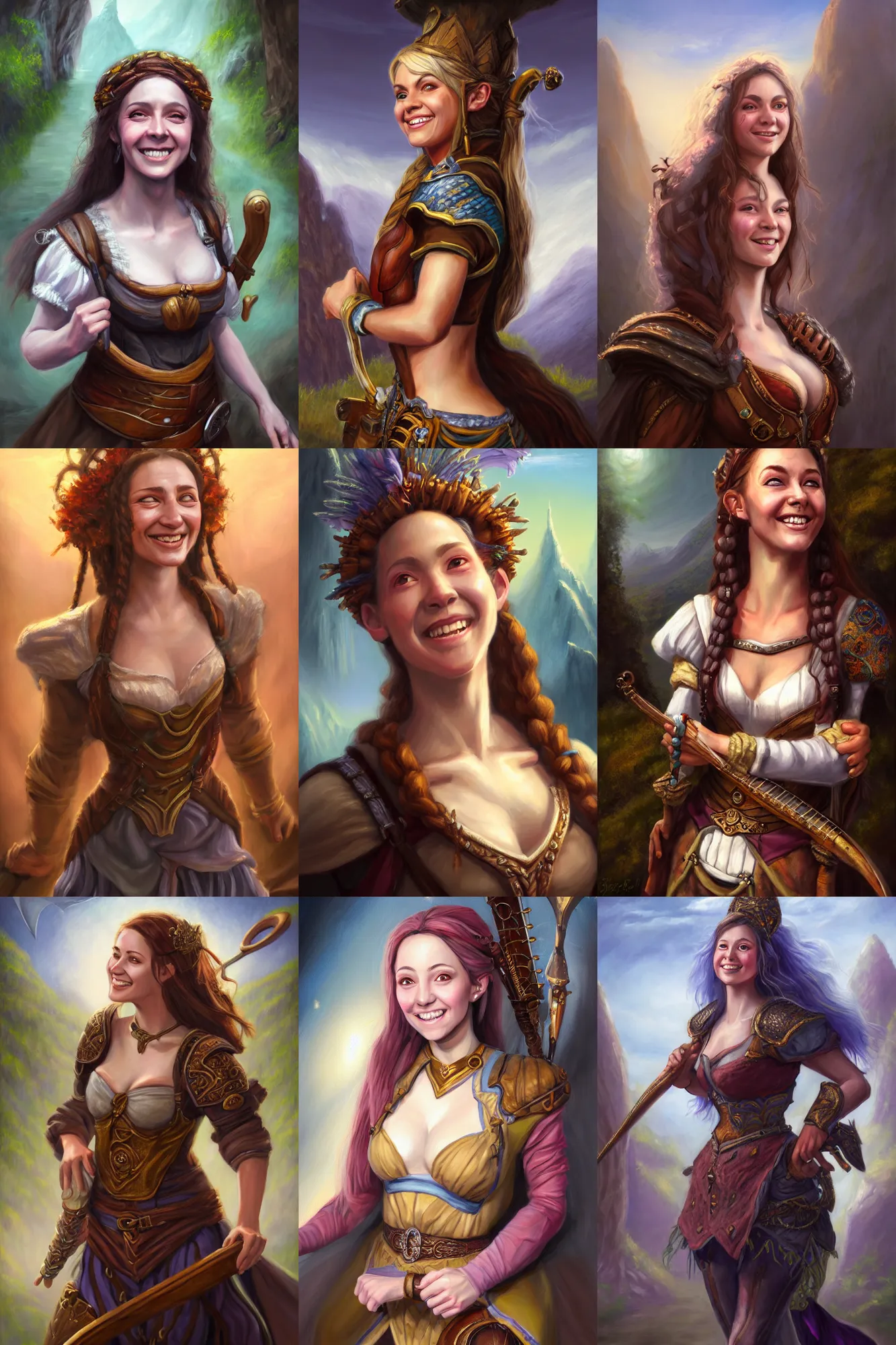 Image similar to a full body high detail fantasy portrait oil painting illustration of a single beautiful smiling bard woman by justin sweet with face and body clearly visible, in a scenic background, pretty eyes, realistic proportions, d & d, rpg, forgotten realms, artstation trending, high quality, sombre mood, artstation trending, muted colours, entire person visible!