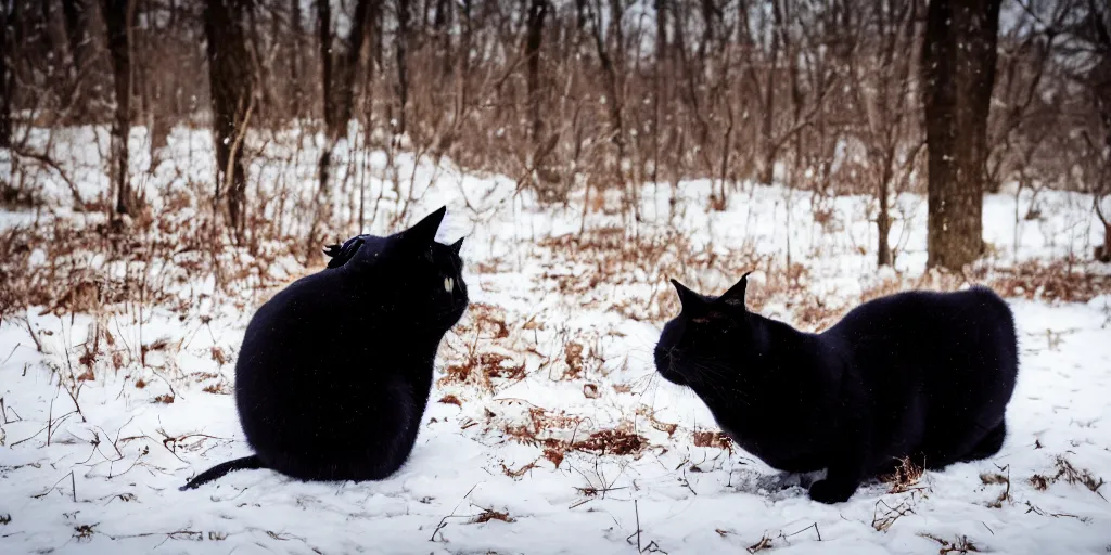 Prompt: fat black cat with pancake hat on head in Minnesota winter, wearing jacket, surreal, photography, focus