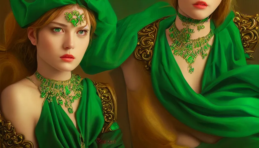 Image similar to highly detailed oil painting, front view, ornate, delicate, brilliant magical emerald choker, octane render, realistic, dramatic light,