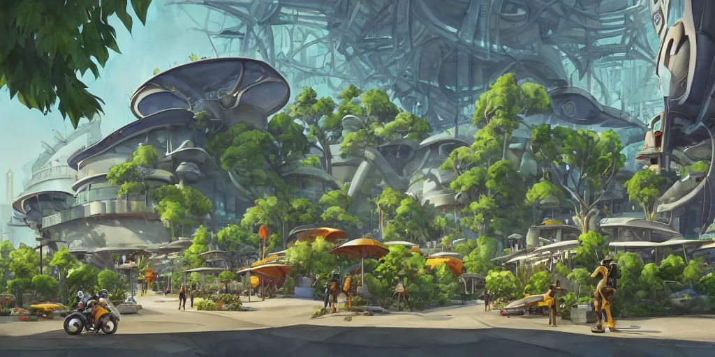 Image similar to overwatch building, stylized, exterior, architecture, in watercolor gouache detailed paintings, insanely detail, artstation, 8 k, futuristic, big medium small, arcane, simon stalenhag, food stall, interesting shapes & form, golden ratio, megastructures, in the middle of crowded jungle, forest, plant, ivy vines