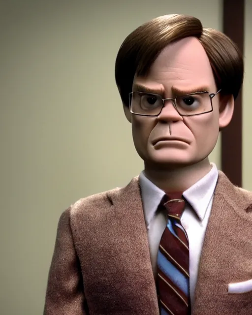 Image similar to a still if dwight schrute with brown suit as a muppet in the office. highly detailed felt. hyper real photo. 4 k.