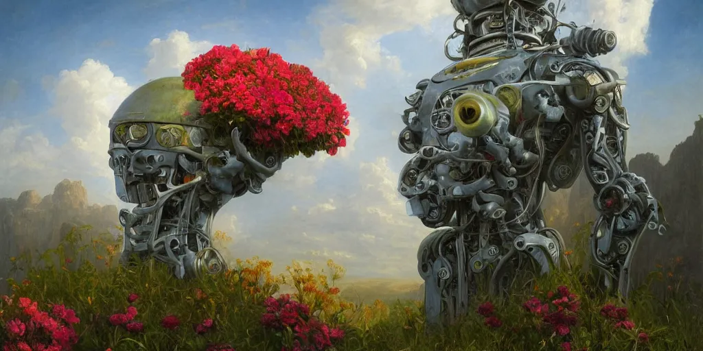 Prompt: robot head with flowers growing out, Thomas Cole, artgem, Tyler Edlin and Jean Delville, wide angle, minimalistic, highly detailed, masterpiece