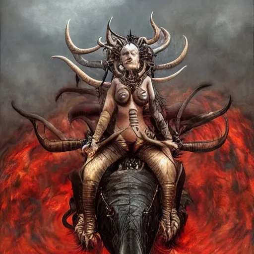 Image similar to a hyperrealistic portrait painting of a beautiful woman with demonic horns wearing steampunk goggles, riding on the back of a giant red dragon into hell, by santiago caruso, highly detailed,