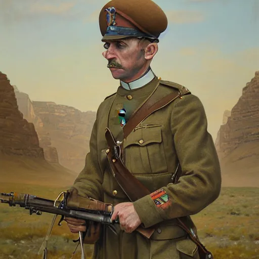 Prompt: a detailed photorealistic muted - color portrait painting of a 1 9 1 7 worried - looking british officer in field gear from the arab bureau in wadi rum, ultra realistic, intricate details, atmospheric, dark, brooding, highly detailed, by clyde caldwell