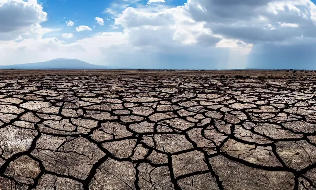 Image similar to panorama of big raindrops flying upwards into the perfect cloudless blue sky from a dried up river in a desolate land, dead trees, blue sky, hot and sunny highly-detailed, elegant, dramatic lighting, artstation, 4k, cinematic landscape, photograph by National Geographic