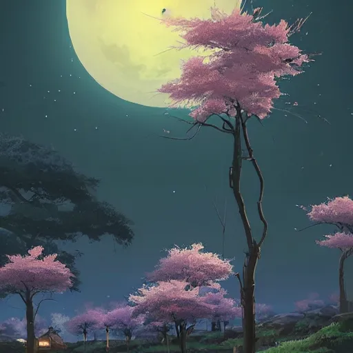 Prompt: Beautiful and ultra-detailed sakura trees under the light of a full moon, with a small village in the background, by Makoto Shinkai and Raphael Lacoste