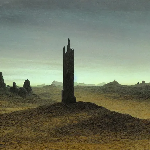 Image similar to Scorched ashen landscape dominated by an obsidian tower, matte oil painting, fantasy, exquisitely detailed, gothic, by Caspar David Friedrich