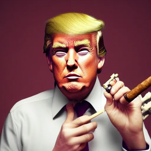 Image similar to a high quality photo of donald trump smoking a cigar, 3d scene, render, ultra realistic, artstation, cgsociety