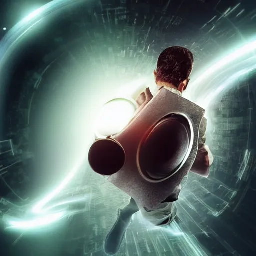 Prompt: A computer art. A rip in spacetime. Did this device in his hand open a portal to another dimension or reality?! by Zack Snyder defined