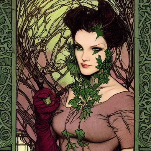 Image similar to a beautiful picture of doctor poison ivy professor of botany and doctor liliana vess professor of demonology having lunch, academic clothing, dark eyeliner, intricate, elegant, highly detailed, digital painting, artstation, concept art, matte, sharp focus, illustration, art by rebecca guay and by arthur rackham and by alphonse mucha and by john william waterhouse