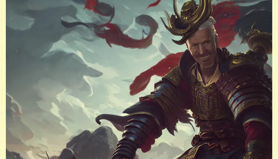 Image similar to portrait of joe biden alone as a samurai, league of legends champion splash art, photorealistic facial features, right side composition, art by pete mohrbacher and guweiz and ilya kuvshinov, highly detailed, intricate, sharp focus, unreal engine 5, 4 k uhd