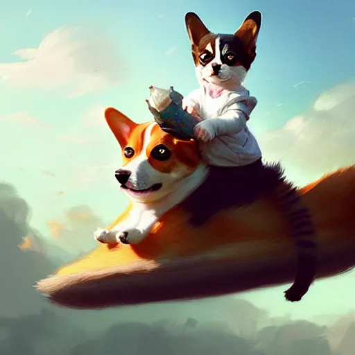 Image similar to tiny cat girl riding on the back of a giant corgi by greg rutkowski