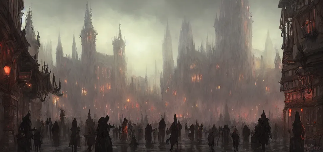 Prompt: high detail concept art of bustling medieval city with mix of undead and alive citizens, beautiful, dark fantasy, digital painting, illustration, light fog, landscape by jonathan berube, magical