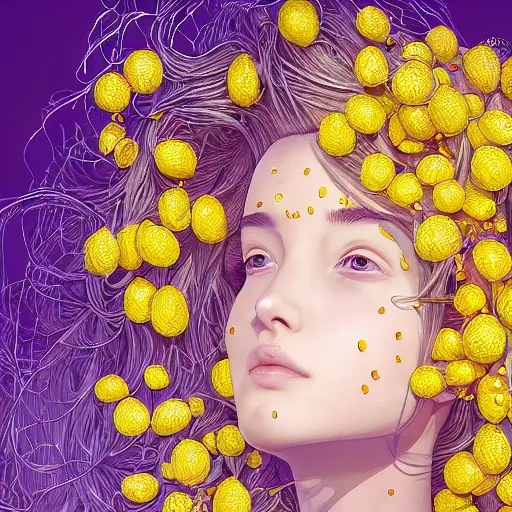 Image similar to the portrait of an absurdly beautiful, graceful, elegant, sophisticated, young teen girl made up of lemons looking up, an ultrafine hyperdetailed illustration by kim jung gi, irakli nadar, intricate linework, bright colors, octopath traveler, final fantasy, unreal engine 5 highly rendered, global illumination, radiant light, detailed and intricate environment