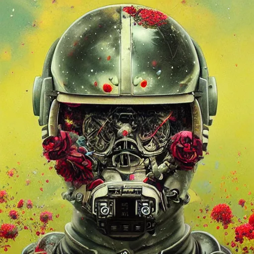 Prompt: art portrait of space marine with flowers exploding out of head, cameras, decaying ,8k,by tristan eaton,Stanley Artgermm,Tom Bagshaw,Greg Rutkowski,Carne Griffiths, Ayami Kojima, Beksinski, Giger,trending on DeviantArt,face enhance,hyper detailed,minimalist,cybernetic, android, blade runner,full of colour,