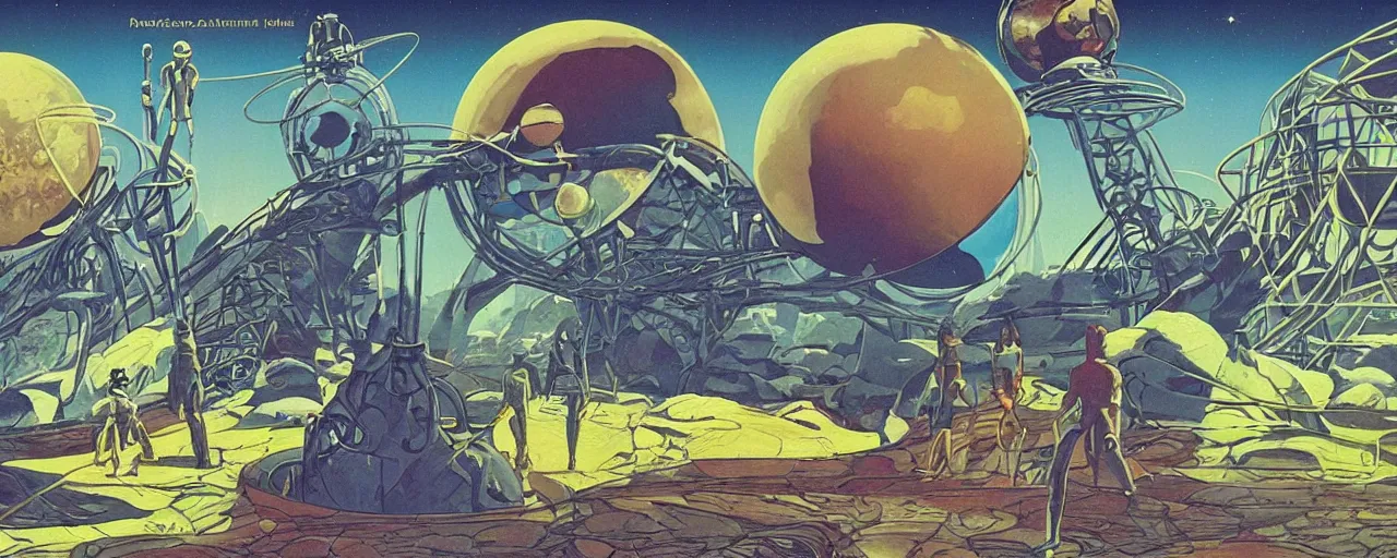 Prompt: a man on field spaceship station landing laying outer worlds in FANTASTIC PLANET La planète sauvage animation by René Laloux