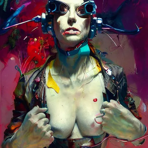 Image similar to grinning woman in a vr headset wearing leather outfit, dynamic energic pose, cyberpunk in the style of adrian ghenie, esao andrews, jenny saville, surrealism, dark art by james jean, takato yamamoto