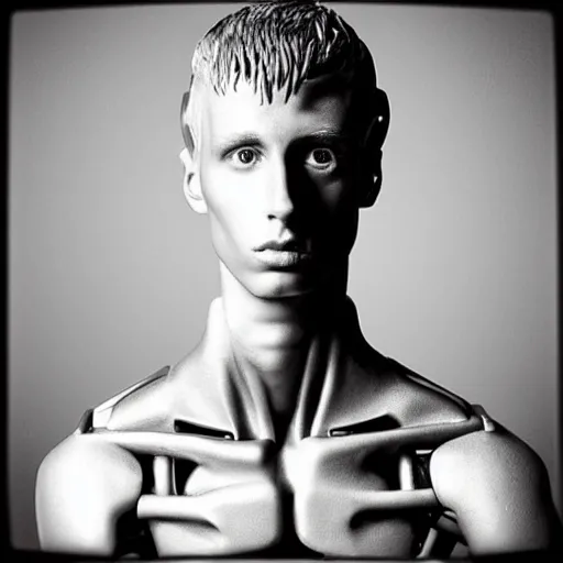 Image similar to “a realistic detailed photo of a guy who is an attractive humanoid who is half robot and half humanoid, who is a male android, rapper Machine Gun Kelly, shiny skin, posing like a statue, blank stare”