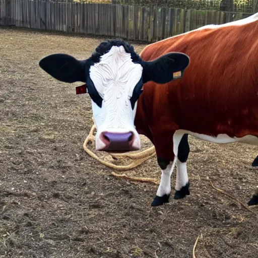 Prompt: a cow knitting a scarf