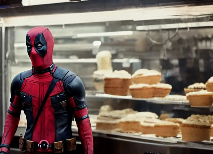 Prompt: film still of Deadpool working in a bakery in the new Deadpool movie, 4k