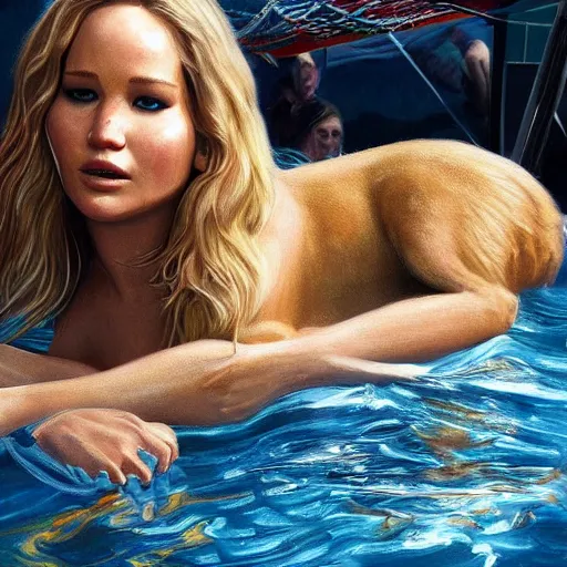 Prompt: highly detailed painting of jennifer lawrence wearing a bikini and her golden retriever dog, gta 5 cover art style, 8 k, radiant light, detailed and intricate environment, trending on artstation